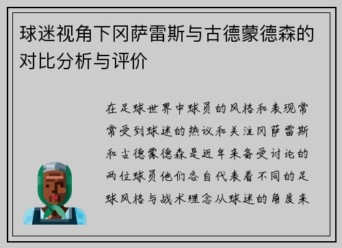球迷视角下冈萨雷斯与古德蒙德森的对比分析与评价