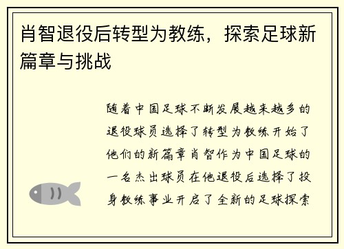 肖智退役后转型为教练，探索足球新篇章与挑战