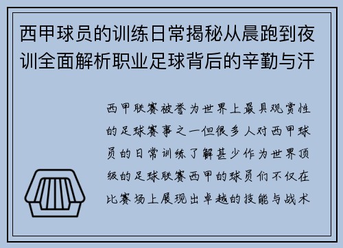 西甲球员的训练日常揭秘从晨跑到夜训全面解析职业足球背后的辛勤与汗水