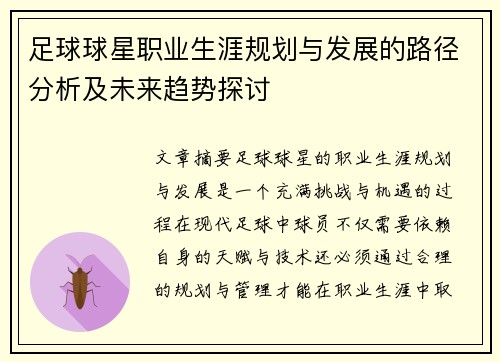 足球球星职业生涯规划与发展的路径分析及未来趋势探讨